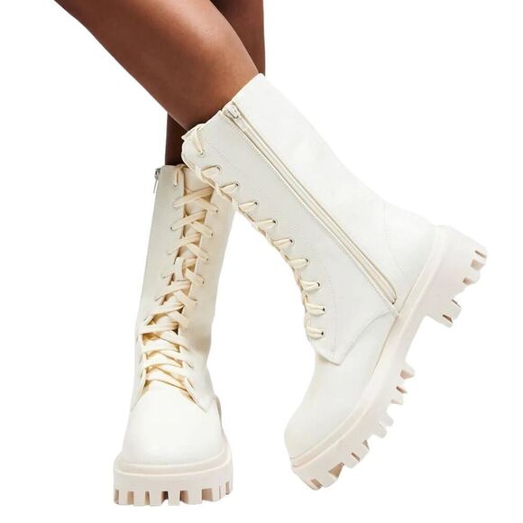 NWT Public Desire Ecru Beau Combat Boots Vegan Leather Treaded Soles Womens 6 - Picture 9 of 10